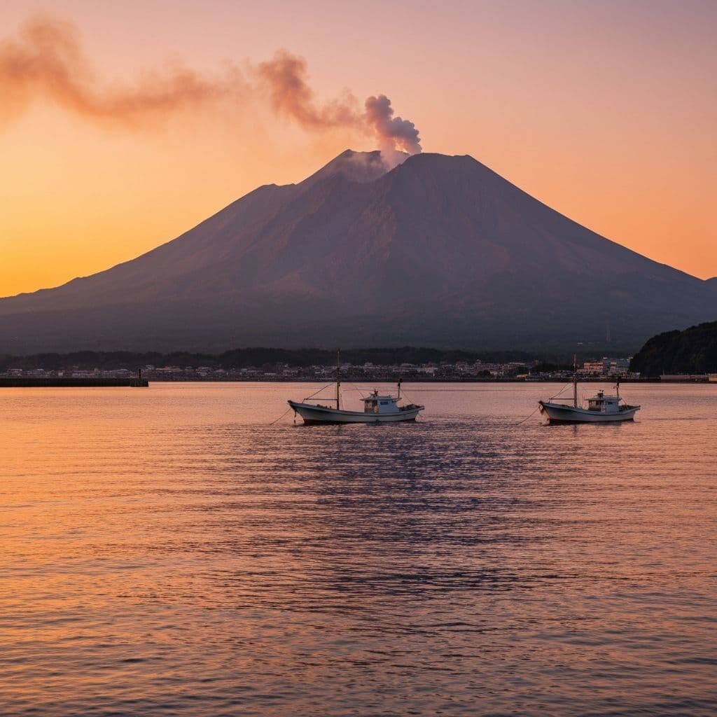 桜島と錦江湾の美しい夕景